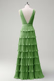 Dusty Sage A Line V-Neck Pleated Tiered Open Back Long Bridesmaid Dress with Slit