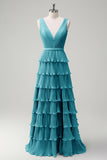 Dusty Sage A Line V-Neck Pleated Tiered Open Back Long Bridesmaid Dress with Slit
