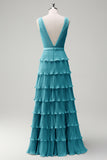 Dusty Sage A Line V-Neck Pleated Tiered Open Back Long Bridesmaid Dress with Slit