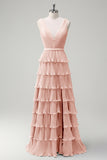 Blush Pink A Line V-Neck Pleated Tiered Backless Long Bridesmaid Dress with Slit