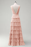 Blush Pink A Line V-Neck Pleated Tiered Backless Long Bridesmaid Dress with Slit