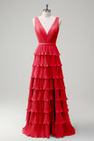 Blush Pink A Line V-Neck Pleated Tiered Backless Long Bridesmaid Dress with Slit