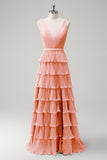 Blush Pink A Line V-Neck Pleated Tiered Backless Long Bridesmaid Dress with Slit