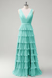 Dusty Sage A Line V-Neck Pleated Tiered Open Back Long Bridesmaid Dress with Slit