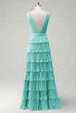 Dusty Sage A Line V-Neck Pleated Tiered Open Back Long Bridesmaid Dress with Slit