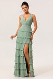 Dusty Sage A Line V-Neck Pleated Tiered Backless Long Bridesmaid Dress with Slit