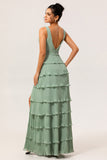 Dusty Sage A Line V-Neck Pleated Tiered Backless Long Bridesmaid Dress with Slit