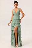 Dusty Sage A Line V-Neck Pleated Tiered Backless Long Bridesmaid Dress with Slit