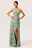 Dusty Sage A Line V-Neck Pleated Tiered Backless Long Bridesmaid Dress with Slit