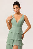 Dusty Sage A Line V-Neck Pleated Tiered Backless Long Bridesmaid Dress with Slit