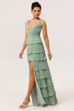 Dusty Sage A Line V-Neck Pleated Tiered Backless Long Bridesmaid Dress with Slit