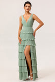 Dusty Sage A Line V-Neck Pleated Tiered Backless Long Bridesmaid Dress with Slit