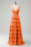 A Line V-Neck Pleated Tiered Backless Long Lilac Bridesmaid Dress with Slit