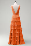 A Line V-Neck Pleated Tiered Backless Long Lilac Bridesmaid Dress with Slit