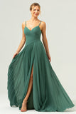 A Line Spaghetti Straps Pleated Long Eucalyptus Bridesmaid Dress with Slit