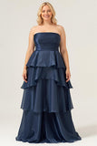 Dark Navy A Line Strapless Tiered Pleated Ruffled Plus Size Maxi Dress