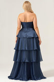 Dark Navy A Line Strapless Tiered Pleated Ruffled Plus Size Maxi Dress