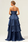 Dark Navy A Line Strapless Pleated Tiered Floor Length Ruffle Bridesmaid Dress
