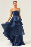Dark Navy A Line Strapless Pleated Tiered Floor Length Ruffle Bridesmaid Dress