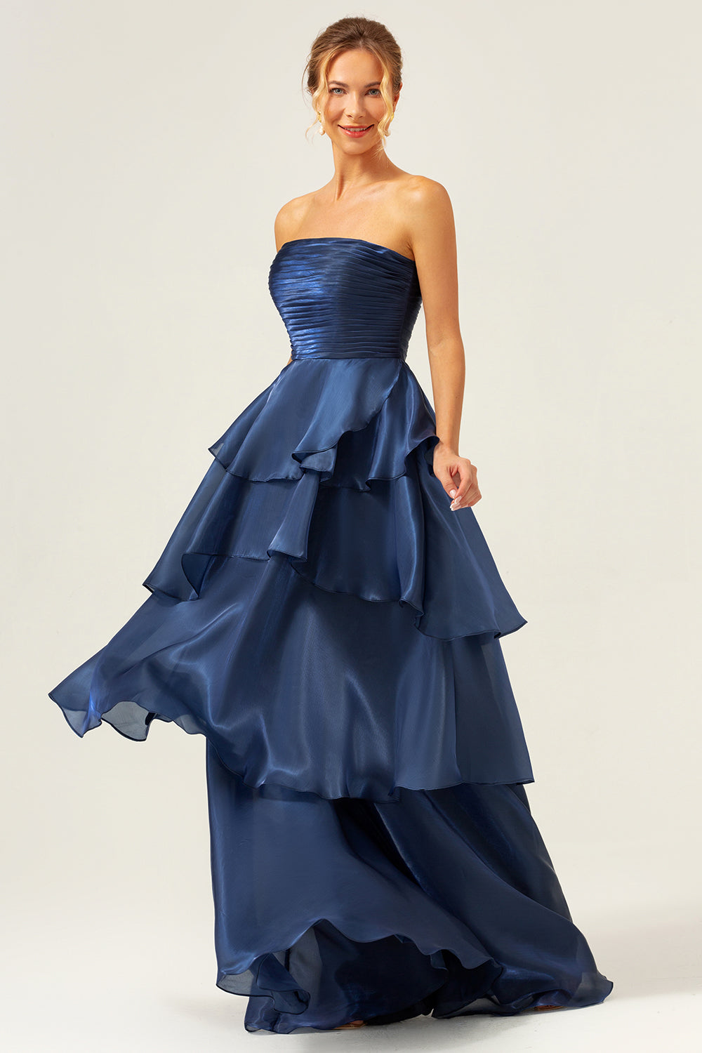 navy blue tiered dress Wedtrend Women Dark Navy Tiered Maxi Dress A Line Strapless Wedding Guest Dress Tiered Pleated Ruffled Prom Dress – WEDTREND