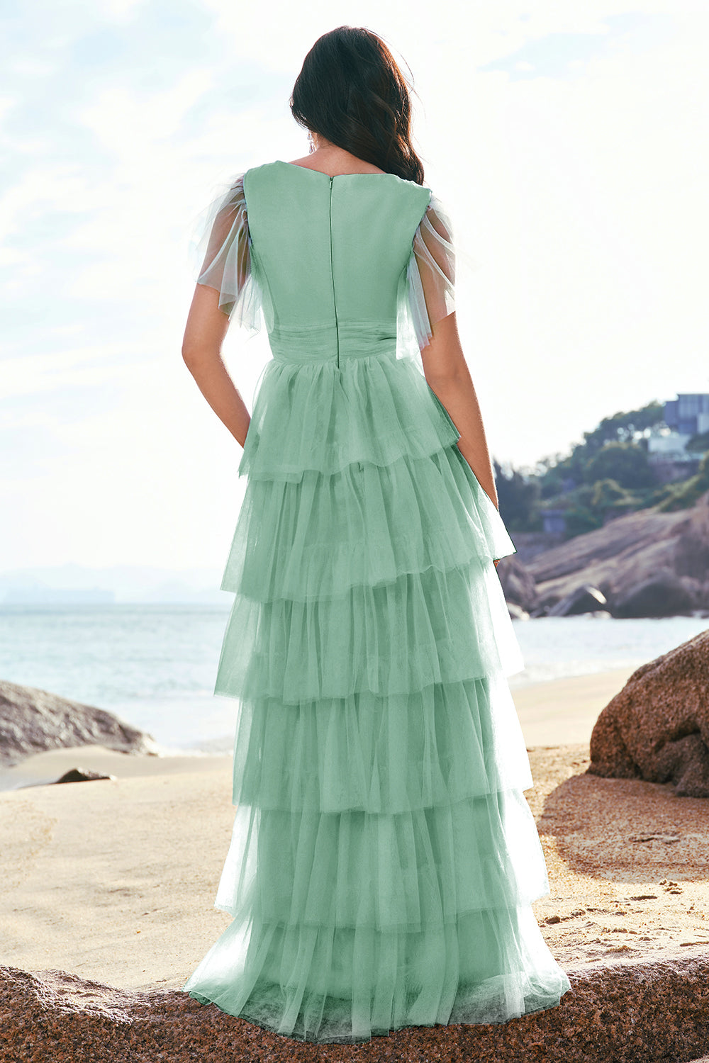 Wedtrend Women Green Long Bridesmaid Dress with Slit A-Line V Neck Ruched Tiered Wedding Guest Dress WEDTREND Wedtrend Women Green Long Bridesmaid Dress with Slit A-Line V Neck Ruched Tiered Wedding Guest Dress WEDTREND
