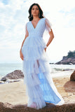 Grey Blue A Line V Neck Ruched Tiered Long Bridesmaid Dress with Slit