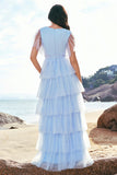 Green A-Line V Neck Ruched Tiered Long Bridesmaid Dress with Slit