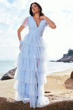 Green A-Line V Neck Ruched Tiered Long Bridesmaid Dress with Slit