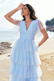 Green A-Line V Neck Ruched Tiered Long Bridesmaid Dress with Slit