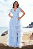 Green A-Line V Neck Ruched Tiered Long Bridesmaid Dress with Slit
