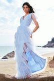 Green A-Line V Neck Ruched Tiered Long Bridesmaid Dress with Slit