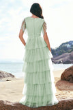 Green A-Line V Neck Ruched Tiered Long Bridesmaid Dress with Slit