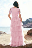 Green A-Line V Neck Ruched Tiered Long Bridesmaid Dress with Slit