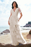 Green A-Line V Neck Ruched Tiered Long Bridesmaid Dress with Slit