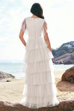 Green A-Line V Neck Ruched Tiered Long Bridesmaid Dress with Slit