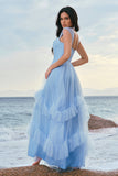 Grey Blue A-Line Ruched Corset Long Bridesmaid Dress with Ruffles
