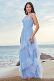 Grey Blue A-Line Ruched Corset Long Bridesmaid Dress with Ruffles