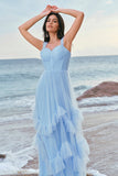 Grey Blue A-Line Ruched Corset Long Bridesmaid Dress with Ruffles