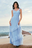 Grey Blue A-Line Ruched Corset Long Bridesmaid Dress with Ruffles