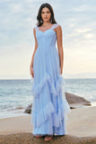 Grey Blue A-Line Ruched Corset Long Bridesmaid Dress with Ruffles