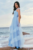 Grey Blue A-Line Ruched Corset Long Bridesmaid Dress with Ruffles
