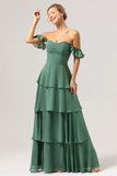 Eucalyptus A Line Off The Shoulder Tiered Long Bridesmaid Dress with Ruffles