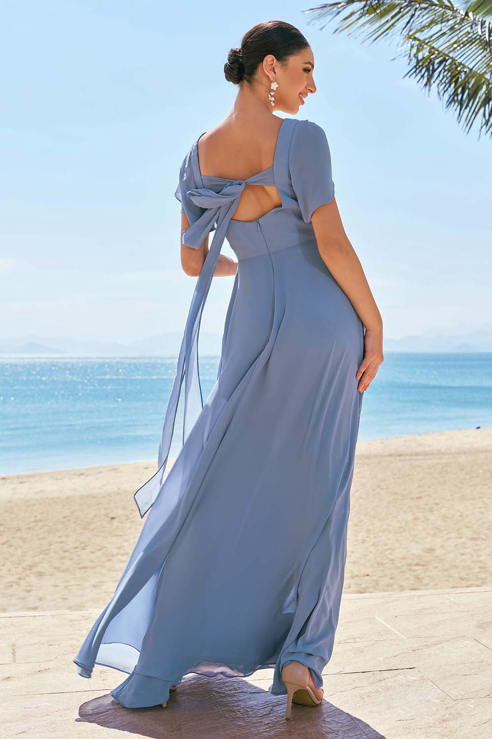Wedtrend Women Grey Blue Ruched Bridesmaid Dress with Slit A-Line Chiffon Ruffle Lace Up Back Wedding Guest Dress WEDTREND Wedtrend Women Grey Blue Ruched Bridesmaid Dress with Slit A-Line Chiffon Ruffle Lace Up Back Wedding Guest Dress WEDTREND
