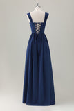 Dark Blue A-Line Square Neck Corset Lace Up Back Chiffon Long Bridesmaid Dress