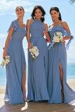 Grey Blue A-Line Chiffon Ruffle Ruched Lace Up Back Bridesmaid Dress with Slit