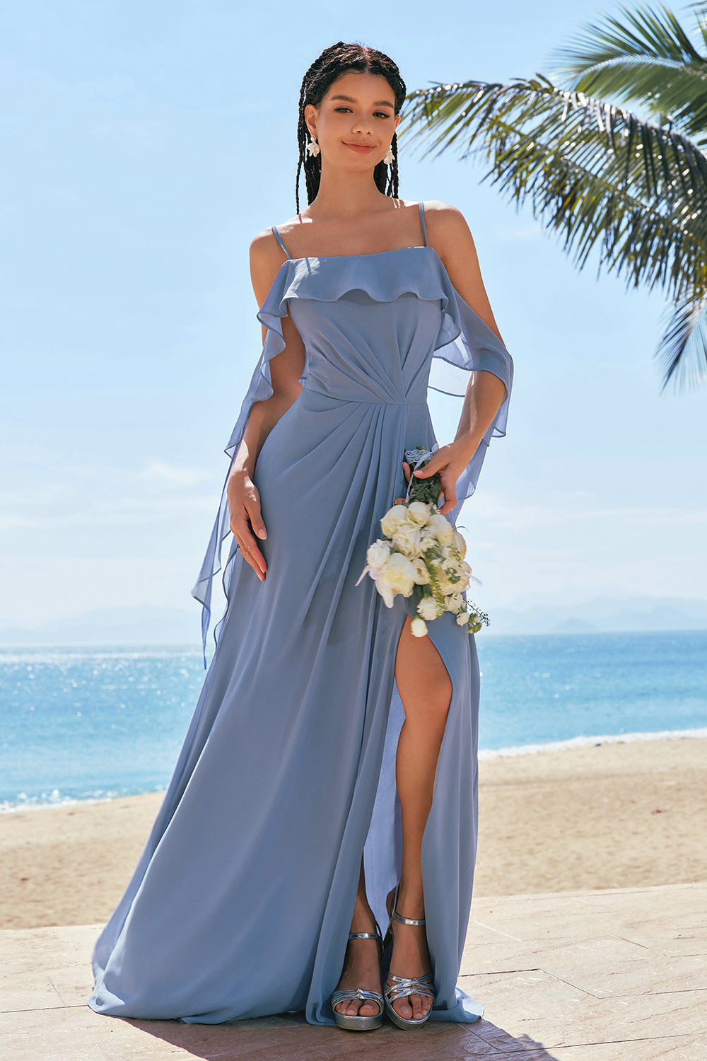 Wedtrend Women Grey Blue Cold Shoulder Bridesmaid Dress with Slit A Line Spaghetti Straps Pleated Chiffon Long Wedding Guest Dress, Grey Blue / US6