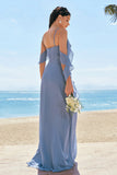 Grey Blue A Line Spaghetti Straps Pleated Chiffon Long Bridesmaid Dress with Slit