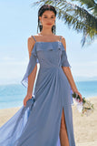 Grey Blue A Line Spaghetti Straps Pleated Chiffon Long Bridesmaid Dress with Slit