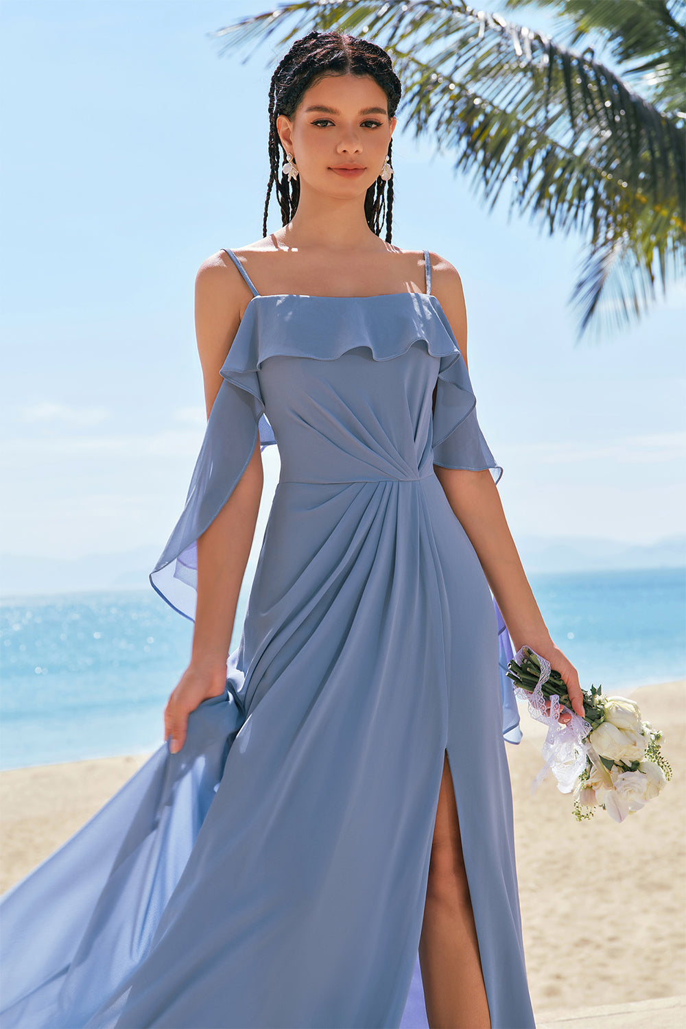 Wedtrend Women Grey Blue Cold Shoulder Bridesmaid Dress with Slit A Line Spaghetti Straps Pleated Chiffon Long Wedding Guest Dress, Grey Blue / US6