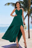 Elegant Dark Green A-Line Spaghetti Straps Satin Long Bridesmaid Dress with Slit